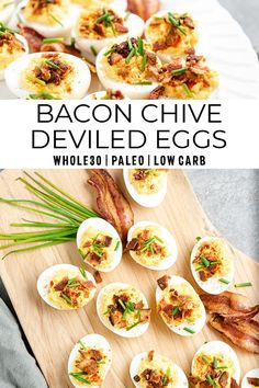 bacon chive deviled eggs on a cutting board