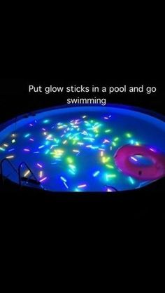 a cell phone with an image of a pool in the water and text that reads, put glow sticks in a pool and go swimming