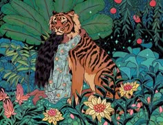 a tiger is sitting in the middle of some flowers and plants with its tail wrapped around it's neck