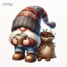 a painting of a gnome holding a cup of coffee and sack of beans in his hands