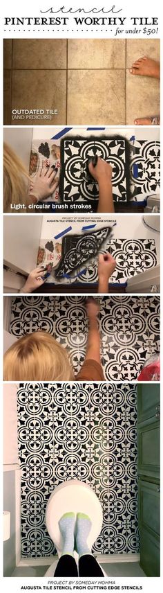 four different images of the same person using scissors to cut up wallpaper on a tile floor