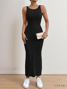 Lasaky - Sleeveless Strappy Maxi Dress: Sultry Bodycon Fit, Waist Cinching, Knitted Material Black Sleeveless Non-stretch Bodycon Dress, Black Non-stretch Sleeveless Bodycon Dress, Sleeveless Knit Party Dress, Elegant Sleeveless Knit Bodycon Dress, Stretch Knit Bodycon Dress For Parties, Sleeveless Knit Bodycon Casual Dress, Casual Sleeveless Knit Bodycon Dress, Casual Knit Sleeveless Bodycon Dress, Sleeveless Casual Bodycon Evening Dress