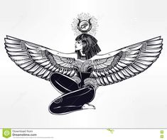 an egyptian woman sitting on the floor with her wings spread out and eyes closed, surrounded by