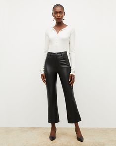 Archie Pant - Vegan Leather :: Black – M.M.LaFleur Sleek Flare Pants For Fall, Chic Cropped Leg Bottoms For Fall, Mm Lafleur, Rain Or Shine, Pima Cotton, High Waisted Pants, Peru, Casual Pants, Vegan Leather