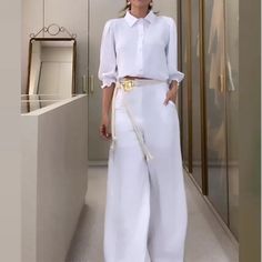 Women's Solid Color Shirt Elegant Wide Leg Pants Two Pieces Suit White Long-sleeved Summer Sets, White Workwear Sets With Pockets, White Long Sleeve Pant Set For Summer, White Long Pants Sets For Spring, White Casual Pant Set For Summer, White Sets With Pockets For Spring, White Casual Pantsuit With Pockets, Casual White Pantsuit With Pockets, Elegant White Summer Sets