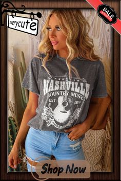 Gray Nashville Music City Graphic Mineral Washed Tee Fall Concert T-shirt With Text Print, Short Sleeve T-shirt For Music Festival In Fall, Fall Music-themed Graphic Print T-shirt, Casual Spring Tops For Country Concerts, Soft-washed Relaxed Fit Tops For Concerts, Soft-washed Tops For Fall Concert, Music Festival Crew Neck Tops With Letter Print, Crew Neck Tops With Letter Print For Music Festival, Crew Neck Letter Print Tops For Music Festival