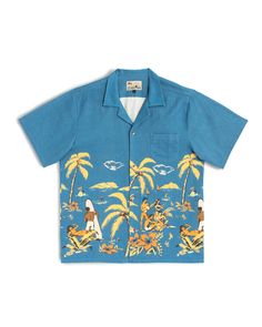 Blue linen camp shirt with Hawaiian-inspired printed beach scene Blue Hawaiian Shirt With Graphic Print And Relaxed Fit, Blue Hawaiian Shirt With Graphic Print, Relaxed Fit, Blue Graphic Print Hawaiian Shirt With Relaxed Fit, Blue Relaxed Fit Hawaiian Shirt With Graphic Print, Blue Graphic Print Camp Shirt For Summer, Blue Graphic Print Summer Camp Shirt, Blue Camp Shirt With Graphic Print, Relaxed Fit, Blue Hawaiian Camp Shirt For Beach, Blue Tropical Print Hawaiian Shirt With Camp Collar