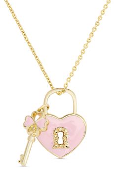 Charming heart and lock pendants are suspended from an elegant chain plated in 18-karat gold. Adult supervision strongly recommended; jewelry presents choking hazard and should be removed when infant or small child is unattended 14" length; 2" extender; 5/8"W x 3/4"L pendant Lobster clasp closure 18k-gold plate/enamel Imported Kids' Wear Item ships in a gift box Lock Pendant, Heart Lock, Lock Necklace, Jewelry Accessories Ideas, Girly Accessories, Girls Style, Key Necklace, Girly Jewelry, Girls Jewelry