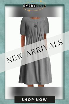 Summer Solid Color Bech Dress Round Neck Pullover Short Sleeve Midi Dress Women's Casual Loose Dress Vestidos De Mujer Casual Gray A-line Midi Dress, Gray Knee-length Midi Dress For Summer, Gray Knee-length Summer Midi Dress, Elegant Gray Dress With Solid Color, Elegant Gray Solid Color Dress, Knee-length Shift Pleated Dress, Knee-length Pleated Shift Dress, Chic Gray Solid Color Dress, Gray Shift Dresses For Summer