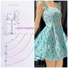 a woman in a dress is standing next to a drawing and an image of the model