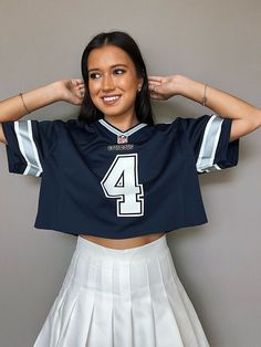 Custom Vintage Dak Prescott Cropped Rhinestone Sleeved Jersey Dallas Cowboys Jersey Outfit Woman, Cowboys Jersey Outfit Woman, Cropped Jersey Outfit, Dallas Cowboys Outfits Woman, Football Jersey Outfit Women, Cropped Football Jersey, Outfit Edits, Sports Jersey Outfit, Tailgate Clothes