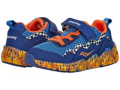 a child's blue and orange running shoe