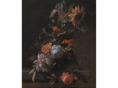 a painting of flowers in a vase on a ledge with leaves and other things around it