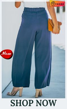 Blue Wrap Wide Leg Pants with Tie Denim Blue Ankle-length Bottoms With Pockets, Blue Ankle-length Solid Color Bottoms, Navy Casual Ankle-length Pants, Casual Navy Ankle-length Pants, Blue Stretch Bottoms With Solid Color, Navy Ankle-length Casual Pants, Casual Navy Wide Leg Pants With Pockets, Navy High Waist Casual Pants, Stretch Blue Solid Color Bottoms