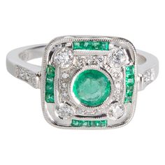 Brand New Emerald & Diamond Ring In 18k White Gold (0.58 Ctw) White Gold / Ring Gemma By Wp Diamonds Fine Jewelry Emerald Ring With Cluster Shape In Platinum, Fine Jewelry Platinum Emerald Cluster Ring, Fine Jewelry Platinum Cluster Emerald Ring, Green Platinum Jewelry With Pave Setting, Luxury Platinum Cluster Emerald Ring, White Gold Emerald Ring With Brilliant Cut Cluster, White Gold Cluster Emerald Ring With Brilliant Cut, Green Platinum Ring With Pavé Setting, Green Platinum Rings With Pave Setting