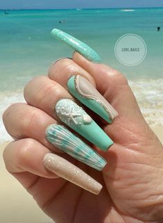 How cute are ttese beach inspired nails? With a glass shell and starfish Beach Inspired Nails, Beach Nail Art Designs, Turquoise Beach, Beach Nail Art, Beach Nail, Inspired Nails, Beach Nails, Beach Inspired, Beach Girl