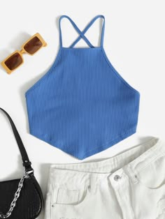 Royal Blue Sexy   Cotton Plain Cami Embellished Slight Stretch Summer Women Tops, Blouses & Tee Cute Blue Tops, Backless Cami Top, Bandana Top, Azul Real, Women Tank Tops, Blue Crop Tops, Summer Crop Tops, Crop Top Outfits, Azul Royal