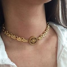 Gold coin choker statement gold choker gold link choker | Etsy Elegant Necklace With Chunky Chain And Medallion, Vintage Round Chunky Chain Jewelry, Elegant Medallion Necklace With Chunky Chain, Pearl Choker Wedding, Gold Coin Choker, Chunky Gold Chain Necklace, Carabiner Necklace, Gold Feather Necklace, Vintage Gold Necklace