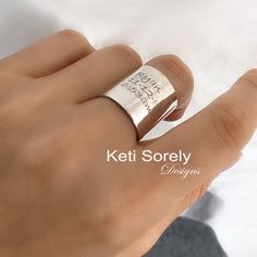 "Large tube ring with hand engraved message or signature. Engrave any message or copy of your handwriting for lifetime memories. Order in precious metals of your choice. Design by: Keti Sorely Metal: * Sterling Silver * Sterling Silver with yellow gold overlay * Sterling Silver with rose gold overlay - 10K solid gold - 14K solid gold - 18K solid gold Ring size: 5 to 10 Ring width - 3/4\" 1-3 letters only. -----------Production-------------- Allow 15 - 20 days for production." Handwritten Ring, Handwritten Necklace, Solid Gold Ring, Gold Overlay, Pompano Beach, Cuff Rings, Your Message, Solid Gold Rings, Memorial Jewelry