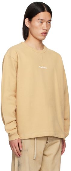 Organic cotton French terry sweatshirt. · Rib knit crewneck and cuffs · Logo bonded at chest · Dropped shoulders Supplier color: Wheat beige Beige Crew Sweatshirt With Ribbed Cuffs, Beige Crew Neck Sweatshirt With Ribbed Collar, Workout Sweatshirt, Knit Crewneck, French Terry, Wheat, Rib Knit, Acne Studios, Organic Cotton