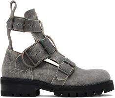 Ankle-high LWG-certified calfskin suede boots in gray. · Cutouts and fading throughout · Pin-buckle straps at vamp and ankle · Pull-loop at heel collar · Grained calfskin lining · Serrated detailing at welt · Stacked rubber heel and midsole · Treaded rubber sole · Logo-engraved oxidized bronze-tone hardware Supplier color: Grey Vivienne Westwood Boots, Vivienne Westwood Shoes, Cutout Boots, Socks Sneakers, Shoe Boot Sandals, Mens Shoes Boots, Rubber Heels, Boot Sandals, Suede Boots