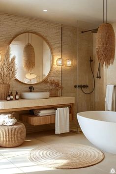 a white bath tub sitting next to a bathroom sink under a large round mirror on the wall