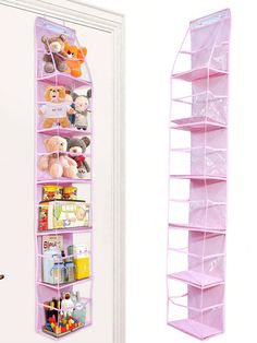 a pink over the door storage rack next to an open door with stuffed animals on it