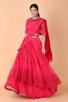 Magenta pre-draped, layered, pleated separate cancan saree with placement floral lace embroidery. Paired with a blouse with placement multi color crystal work and belt. - Aza Fashions Floor-length Pre-draped Saree For Diwali, Navratri Pre-draped Saree With Cutdana, Festive Draped Semi-stitched Choli, Traditional Drape Tissue Silk Pre-draped Saree For Reception, Traditional Drape Pre-draped Saree For Wedding And Navratri, Transitional Season Reception Pre-draped Saree With Dupatta, Pink Wedding Pre-draped Saree, Festive Lehenga For Eid With Traditional Drape, Eid Festive Lehenga Traditional Drape