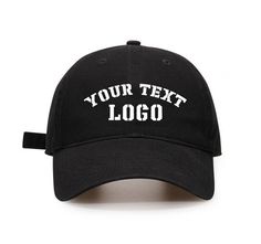 This is the perfect hat for you! Just enter your custom text and we'll embroider it on the front of this cozy cotton hat. It's sure to make you stand out in the crowd. ★If you need a group hat, please contact me and I will create a preview image of the hat for you. ★If you need more than ten custom hats, please contact me and I will give you a better discount price. ★ If you need a unique logo or a different style, please contact me and I will help you choose the best looking hat design with emb Cheap Letter Print 5-panel Hat, Hip Hop Hat With Embroidered Logo And Curved Brim, Black Dad Hat With Letter Print And Flat Bill, Dad Hat With Letter Embroidery For Streetwear, Black Dad Hat With Letter Embroidery For Streetwear, Streetwear Baseball Cap With Embroidered Logo, Cotton Baseball Cap With Custom Logo, Streetwear Dad Hat With Letter Embroidery And Curved Bill, Hip Hop Dad Hat With Letter Print