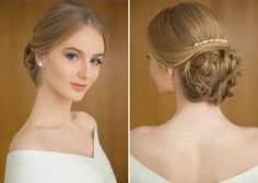 two pictures of a woman wearing a white dress and hair in a low updo