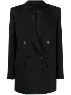 jet black virgin wool peak lapels double-breasted button fastening long sleeves buttoned cuffs chest welt pocket two front flap pockets central rear vent straight hem Airport Fashion, Saint Germain, Black Blazers, Wool Blazer, Outerwear Women, Jet Black, Isabel Marant, Welt Pocket, Classy Outfits