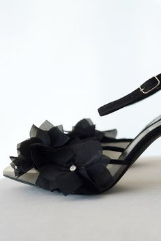 Black Wedding Shoes With Black Flowers and Pointy High Heels, Floral Bridal Shoes With Ankle Strap, Wedding Sandals With Organza Flowers - Etsy Ukraine Chic Black Wedding Shoes With 4-inch Heel, Spring Black Heels For Prom, Black Wedding Shoes For Summer Formal Occasions, Black Wedding Shoes For Spring Formal, Elegant Flower-shaped Sandals With Heel Strap, Black Closed Toe Heels For Wedding, Black High Heel Wedding Shoes For Spring, Black High Heel Wedding Shoes With 4-inch Heel, Elegant Flower Shaped Evening Heels