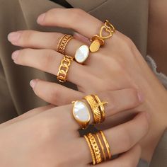 Style: Women Material: Titanium Steel, Mother of Pearl Pearl Type: Uncultured Pearl Color: White Ring Size: NO.7 (open, adjustable) Open Ring Gold, Mother Of Pearl Ring, Pearl Rings, Pearl Types, Elegant Accessories, Brass Jewelry, Open Ring, Pearl Color, Style Women