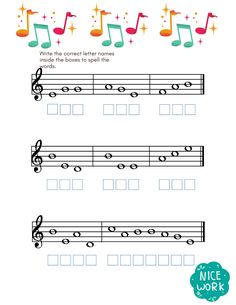 music worksheet with notes and numbers for kids to practice the musical instrument skills