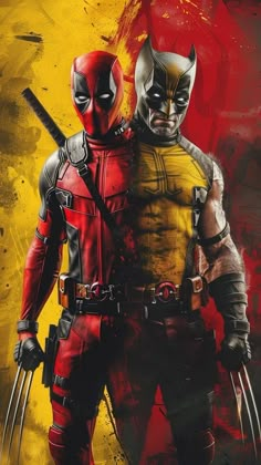 two deadpools standing next to each other in front of a yellow and red background