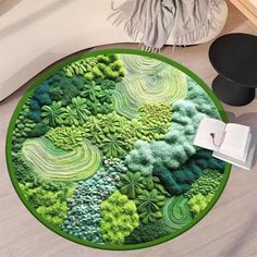 a round rug with green plants on it