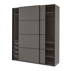 a large gray cabinet with shelves and drawers on it's sides, in front of a white background