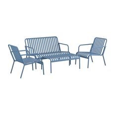 an outdoor furniture set with blue chairs and a table on a white background, 3d rendering