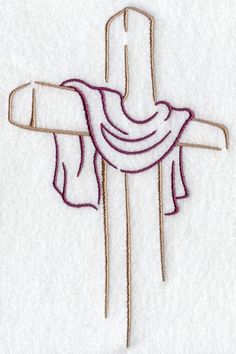 a cross with a scarf hanging from it's side on a white cloth background