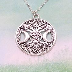 This Is A Larger Statement Necklace With Intricate Celtic Knotwork Forming The "As Above So Below" Hermetic Axiom - Tree Of Life With Triple Moon Pentagram In Center. A Triple Moon Goddess Symbol With Full Center Moon Having A Pentacle - Pentagram. Pentagram Is One Point Up Symbolizing The Elements. Wicca Wiccan Witches Necklace. ~~ Materials: Silver Metal Alloy - Chain Is 925 Silver Plated Sizes: Chain Is 24" W/ Lobster Clasp . Pendant Is 1.25" Diameter ~~ Gothic Goth Boho Bohemian Magick Occul Bohemian Magick, Witches Necklace, Triple Moon Goddess Symbol, Moon Goddess Symbol, Triple Moon Pentagram, Moon Pentagram, Goddess Symbol, Pearl Lariat Necklace, As Above So Below