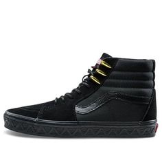 Lace up in superhero style with the Vans Marvel x SK8-HI 'Black Panther' sneaker. This dope collab celebrates some of Marvel's most iconic comics, and the Black Panther gets his due with a Triple Black color scheme in premium suede and ballistic mesh. Gold eyelets nod to the character's signature spiked necklace, while red Marvel branding adds a pop of color on the tongue. A tonal leather jazz-stripe lines the quarter panel, and a unique v-shaped design is etched on the midsole. Stand out from the crowd and lace up in these special edition kicks from Vans and Marvel. (SNKR) Vans Black High-top Streetwear Sneakers, Urban Sneakers With Padded Tongue For Streetwear, Urban High-top Skate Shoes With Studded Outsoles, Vans Black High-top Sneakers For Sports, Vans Black High-top Sneakers, Black Vans High-top Sneakers For Sports, Vans Urban Sneakers For Streetwear, Urban Black Vans Custom Sneakers, Urban Black High-top Skateboarding Sneakers