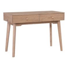 a wooden desk with two drawers on one side and an open drawer on the other