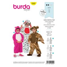 Burda Style sewing pattern - No.2502 Costume - Dog - Panther - Tiger Order unit corresponds to: 1 original packaging pattern This pattern contains three animal costumes for children's carnival. The costumes can be used for different animals, such as for a dog, panther or bear costume. The jumpsuit is very wide has a zipper in the back and a separate hood. Fabric recommendation: plush, felt Size: 92-122 levels: 1 - super easy lightning idea24 Tiger Costume Pattern, Kids Sewing Pattern, Costume Sewing Patterns, Bear Costume, Kids Sewing, Animal Costumes, Sewing Patterns For Kids, Burda Style, Fashion Sewing Pattern