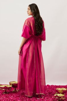 Pink kimono sleeves V neck kaftan with pleating along the sides and delicate zari dori lace detailing. - Aza Fashions V Neck Kaftan, Lace Kaftan, Kaftan Pattern, Kaftan For Women, Embroidered Kaftan, Pink Kimono, Eid Party, Kimono Sleeves, Kimono Sleeve