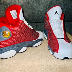 Air Jordan 13 Retros, In Good Condition, Barely Worn. Bright Red, White, And Grey On The Soles. Shoes Air, Jordan 13, Jordans For Men, Jordan Shoes, Mens Shoes Sneakers, Bright Red, Air Jordan, Air Jordans, Red White