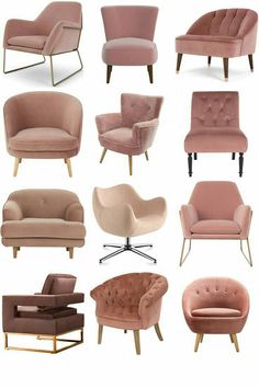 a bunch of different types of chairs and couches with pink velvet upholstered