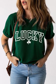 Unleash your luck with our LUCKY Round Neck Short Sleeve T-Shirt! Made with high-quality fabric and a comfortable fit, it's perfect for everyday wear. Its stylish design and vibrant colors are sure to make a statement. Get ready to feel confident and stand out in any crowd. Lisa Fischer, Design Jersey, Puff Print, Lucky Clover, Short Sleeve Pattern, Mein Style, Trendy Tee, Casual T Shirt, Basic Style