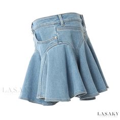 Lasaky - Chic Denim A-line Skirt with Water Wash and Lotus Leaf Hem Detail Casual Flared Fitted Denim Skirt, Fitted Flare Denim Skirt For Summer, Spring A-line Stretch Bottoms, Spring Stretch A-line Bottoms, Trendy Denim Flared Skirt Bottoms, A-line Denim Bottoms For Spring, Spring A-line Denim Bottoms, Trendy A-line Summer Bottoms, Flared Denim Skirt In Medium Wash For Summer