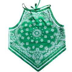 Shein Curve Vacay Bandana Halter Top White Cotton Top With Bandana Print, White Cotton Tops With Bandana Print, Summer Festival Bandana, Fitted Cotton Bandana For Summer, Casual Green Halter Top For Festival, Green Summer Beach Bandana, Bandana Halter Top, Tops Shein, Shein Tops