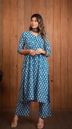 Blue Casual Straight Kurta, Indigo Cotton Straight Kurta, Blue Cotton Kurta With Relaxed Fit, Traditional Blue Cotton Kurta, Blue Cotton Sets With Straight Kurta, Casual Cotton Straight Kurta, Casual Blue Kurta With Block Print, Casual Blue Block Print Kurta, Cotton Straight Kurta With Block Print